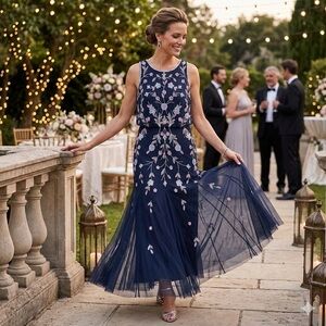 Adrianna Papell Navy Beaded Gown – Elegant Floral Sequin Evening Dress (Size 16)